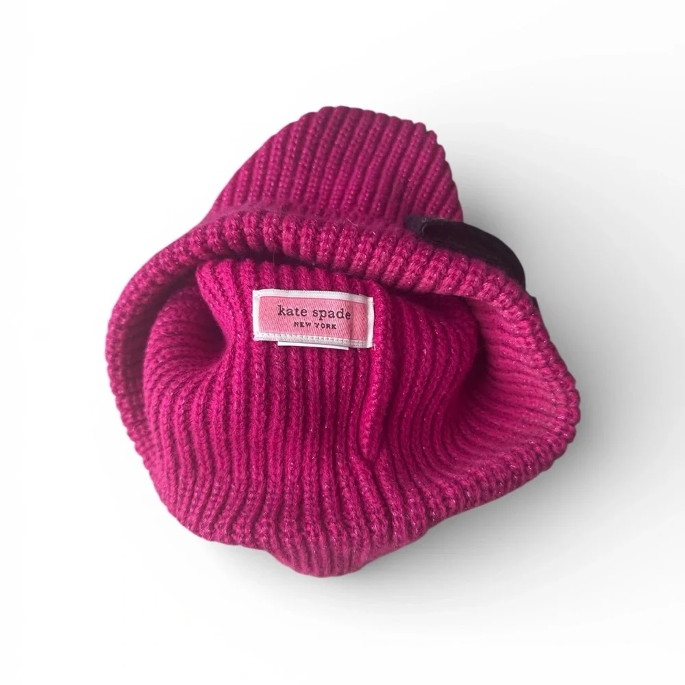 Kate Spade New York Pink Knit Beanie Velvet Bow Cuffed Winter Hat One Size